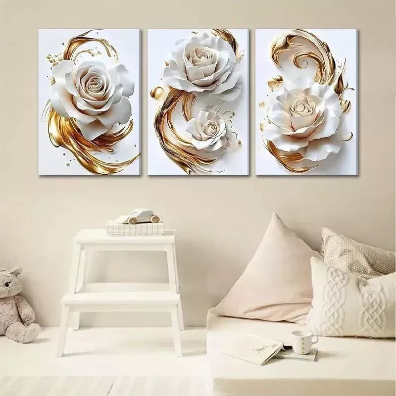 3pcs Abstract White Gold Rose Elegant Blossom Wall Art Set Canvas Framed 50x70cm - High Quality Print 100% Australian Made Wall Canvas Ready to Hang