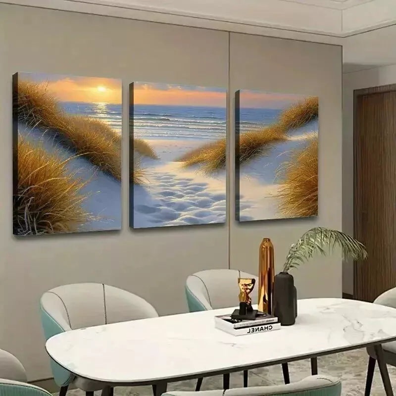 3pcs Beach Grass Sand Dunes  Wall Art Set Canvas Framed 50x70cm - High Quality Print 100% Australian Made Wall Canvas Ready to Hang