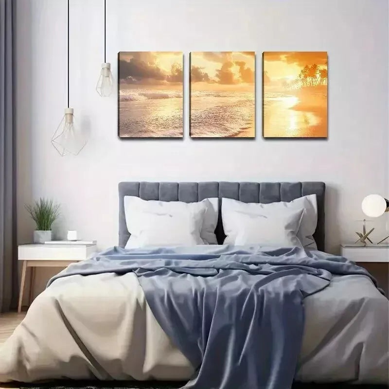 3pcs Beach in the Sunset  Wall Art Set Canvas Framed 50x70cm - High Quality Print 100% Australian Made Wall Canvas Ready to Hang