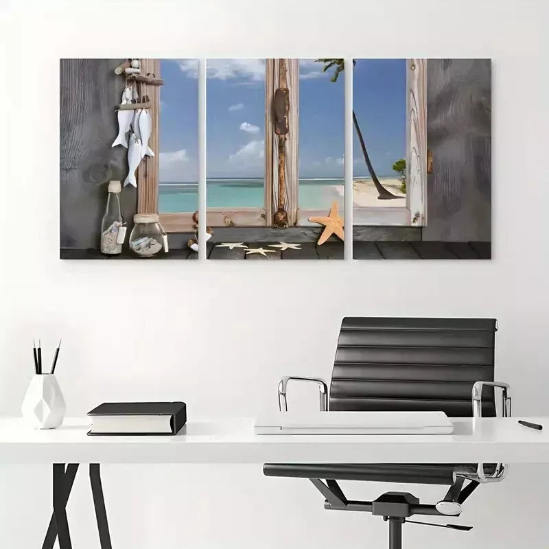 3pcs Beach Starfish Seashells Wall Art Set Canvas Framed 50x70cm - High Quality Print 100% Australian Made Wall Canvas Ready to Hang