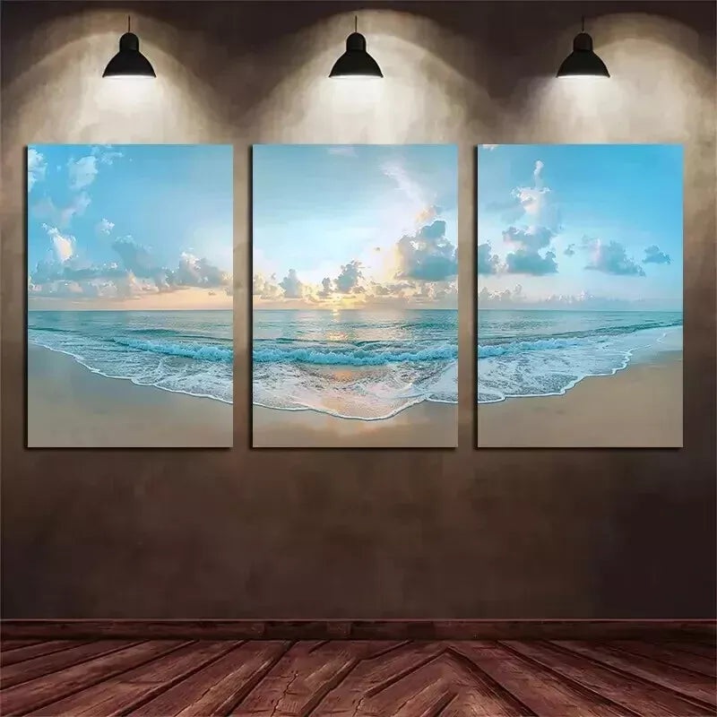 3pcs Beautiful Beach with Golden Sand and Sunset  Wall Art Set Canvas Framed 50x70cm - High Quality Print 100% Australian Made Wall Canvas Ready to Hang