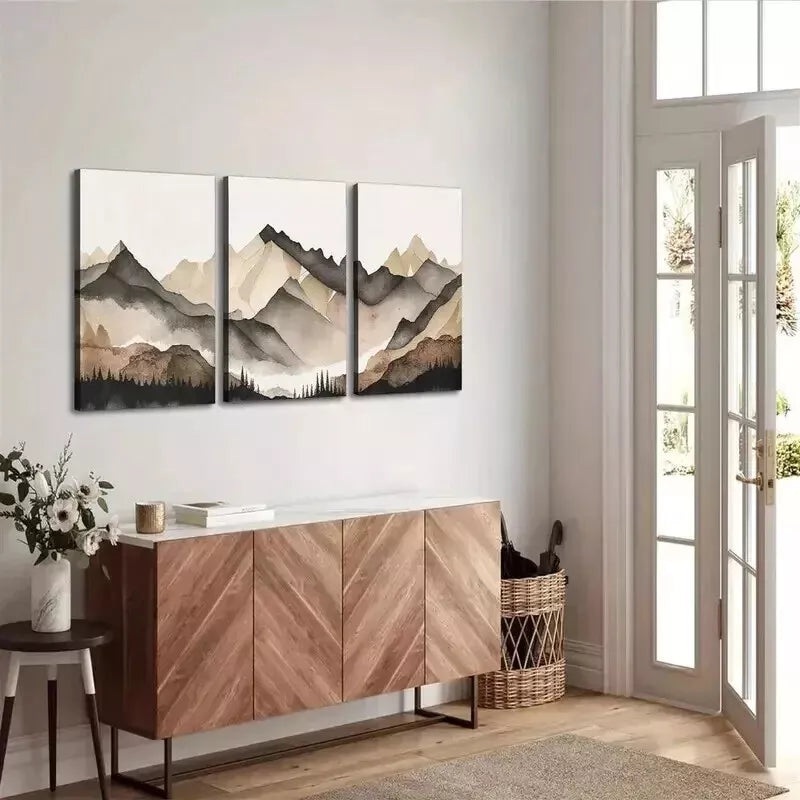 3pcs  Beige & Grey Mountains  Wall Art Set Canvas Framed 50x70cm - High Quality Print 100% Australian Made Wall Canvas Ready to Hang