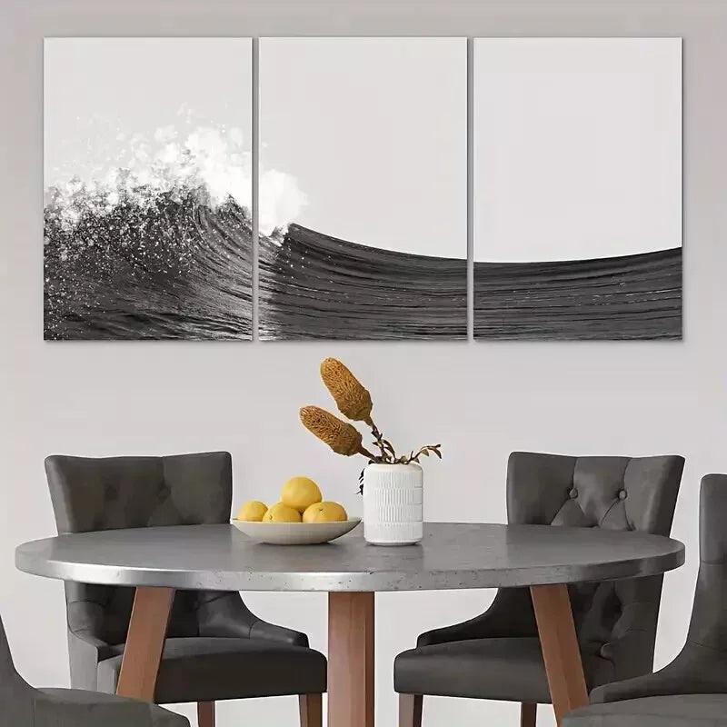 3pcs Black and White Ocean Waves Wall Art Set Canvas Framed 50x70cm - High Quality Print 100% Australian Made Wall Canvas Ready to Hang