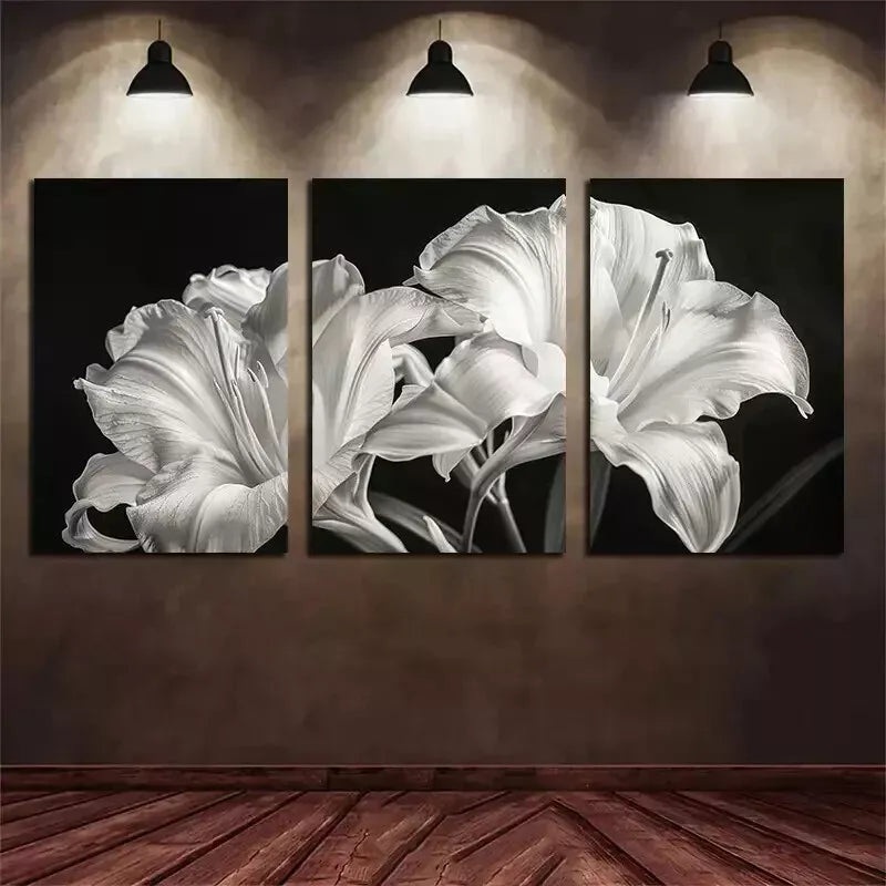 3pcs Black and White Photography of Blooming Lily Wall Art Set Canvas Framed 50x70cm - High Quality Print 100% Australian Made Wall Canvas Ready to Hang