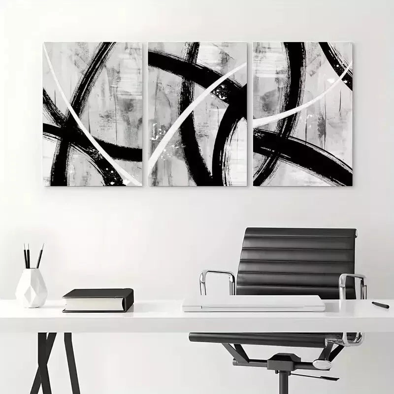 3pcs Black Gray White Geometric  Wall Art Set Canvas Framed 50x70cm - High Quality Print 100% Australian Made Wall Canvas Ready to Hang