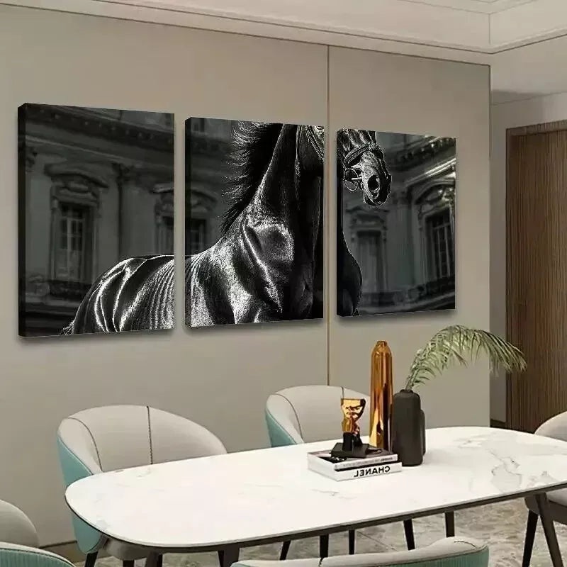 3pcs  Black Horse Black & White Photograph Wall Art Set Canvas Framed 50x70cm - High Quality Print 100% Australian Made Wall Canvas Ready to Hang