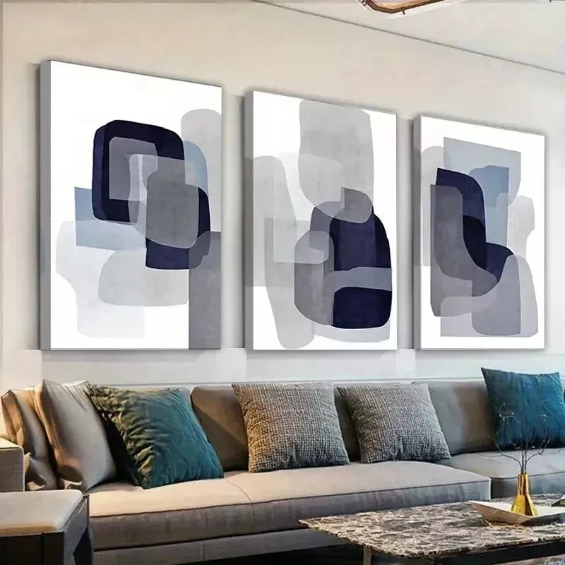 3pcs Blue and Gray Abstract  Wall Art Set Canvas Framed 50x70cm - High Quality Print 100% Australian Made Wall Canvas Ready to Hang