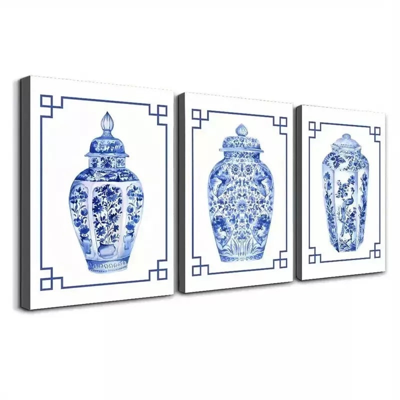 3pcs Blue and White Porcelain Vases Wall Art Set Canvas Framed 50x70cm - High Quality Print 100% Australian Made Wall Canvas Ready to Hang