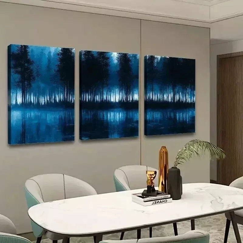 3pcs  Blue & Black Forest Abstract Wall Art Set Canvas Framed 50x70cm - High Quality Print 100% Australian Made Wall Canvas Ready to Hang