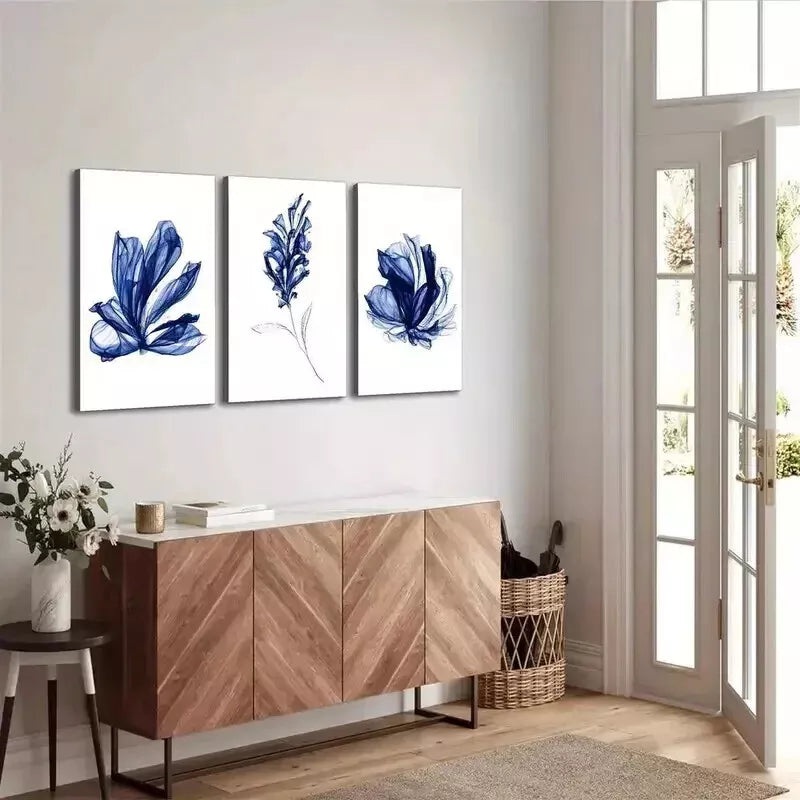 3pcs Blue Floral Art In Shades Of Blue Wall Art Set Canvas Framed 50x70cm - High Quality Print 100% Australian Made Wall Canvas Ready to Hang