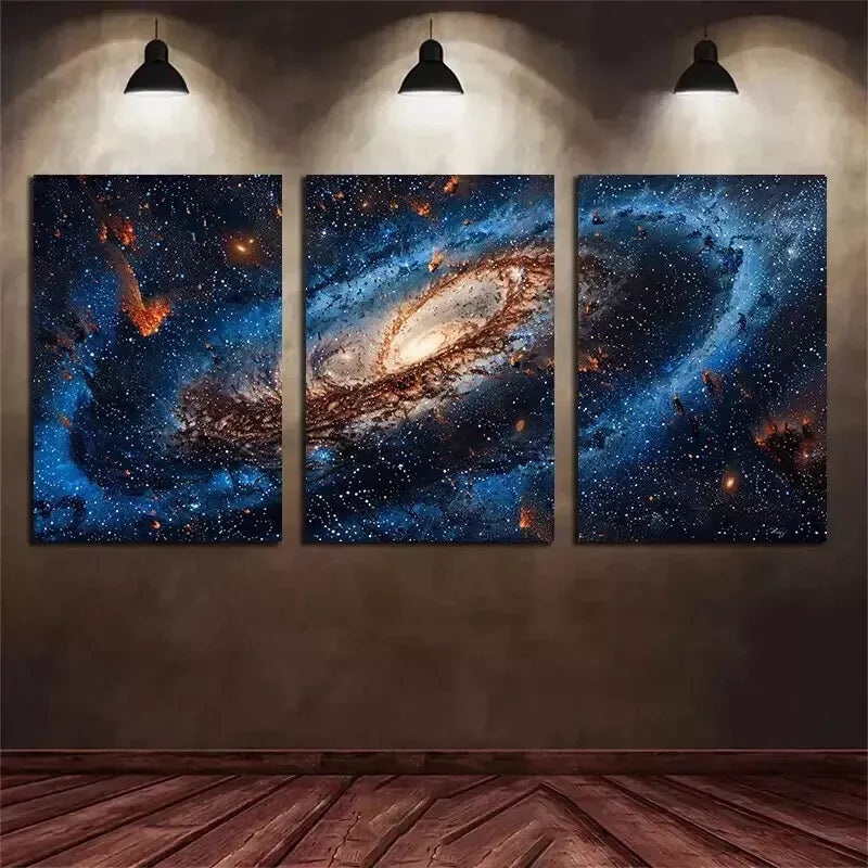 3pcs  Blue Galaxy Background with Stars and A Big  Wall Art Set Canvas Framed 50x70cm - High Quality Print 100% Australian Made Wall Canvas Ready to Hang