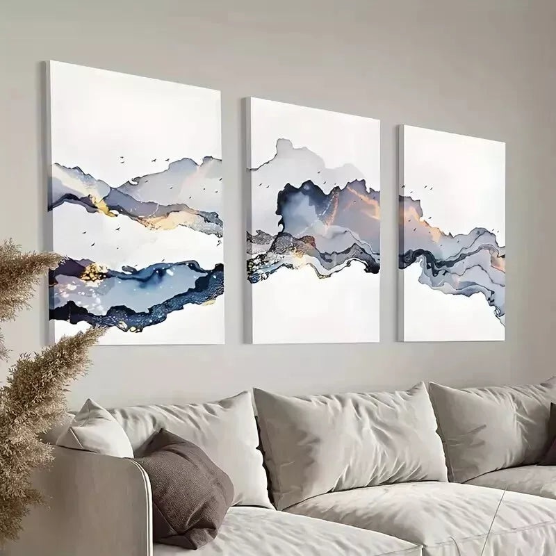 3pcs Blue Gold Smoke Wave   Wall Art Set Canvas Framed 50x70cm - High Quality Print 100% Australian Made Wall Canvas Ready to Hang