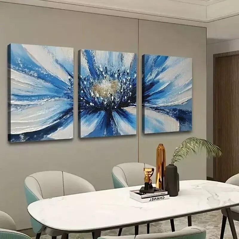 3pcs Blue & White Flower Abstract Wall Art Set Canvas Framed 50x70cm - High Quality Print 100% Australian Made Wall Canvas Ready to Hang