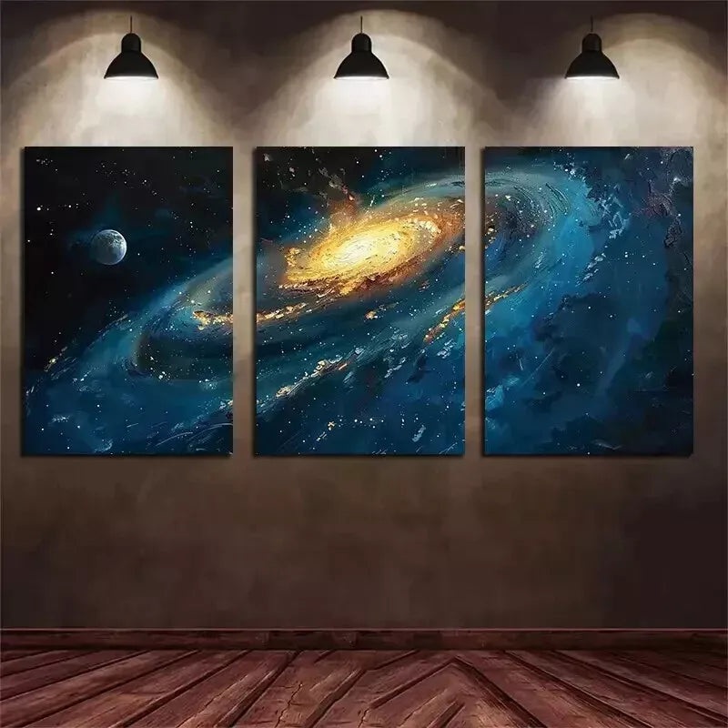 3pcs  Blue with Stars and The Edge Glowing Yellow Wall Art Set Canvas Framed 50x70cm - High Quality Print 100% Australian Made Wall Canvas Ready to Hang