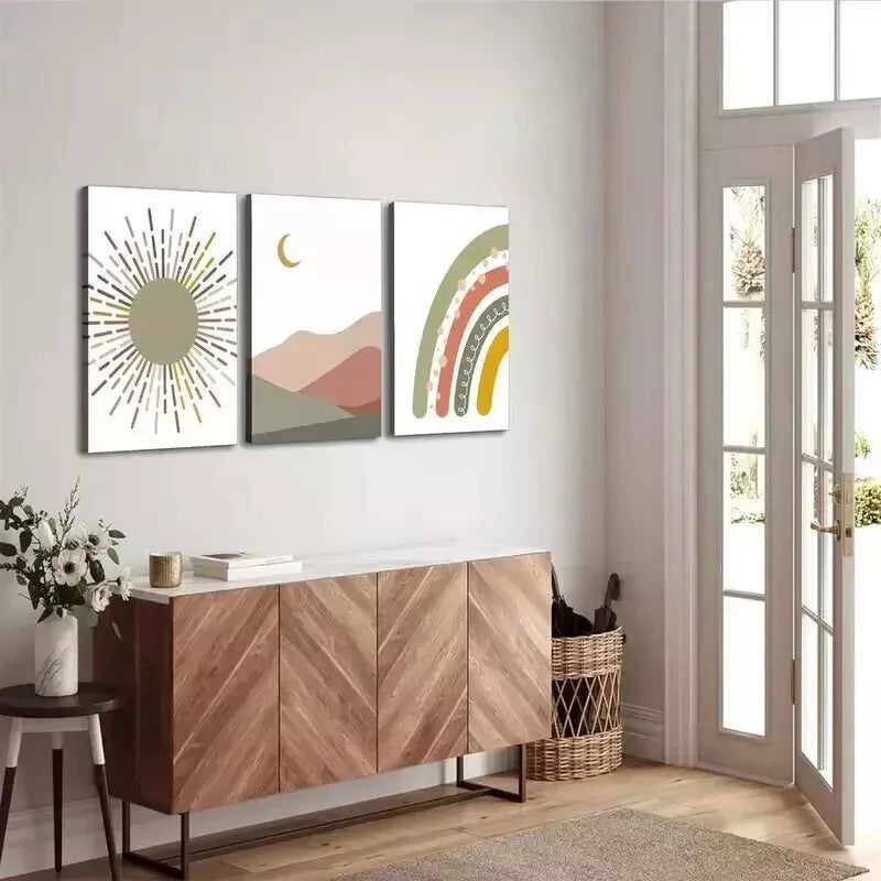 3pcs Bohemian style, Moon, Rainbow, Sun Wall Art Set Canvas Framed 50x70cm - High Quality Print 100% Australian Made Wall Canvas Ready to Hang