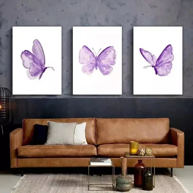 3pcs Butterfly Wall Art Set- Vibrant Purple  Wall Art Set Canvas Framed 50x70cm - High Quality Print 100% Australian Made Wall Canvas Ready to Hang