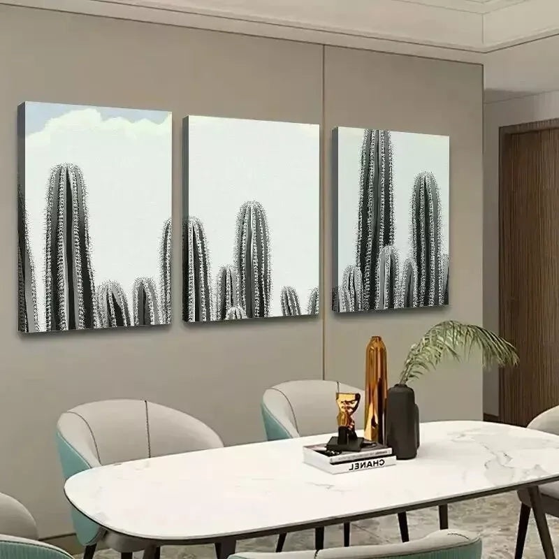 3pcs Cactus Black & White Abstract Wall Art Set Canvas Framed 50x70cm - High Quality Print 100% Australian Made Wall Canvas Ready to Hang