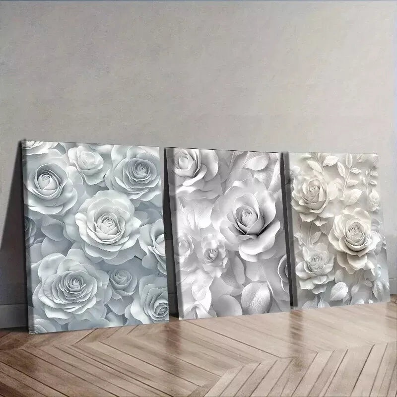 3pcs   Canvas Paintings Featuring White Roses  Wall Art Set Canvas Framed 50x70cm - High Quality Print 100% Australian Made Wall Canvas Ready to Hang