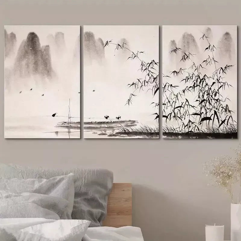 3pcs Chinese Landscape Ink Painting Wall Art Set Canvas Framed 50x70cm - High Quality Print 100% Australian Made Wall Canvas Ready to Hang