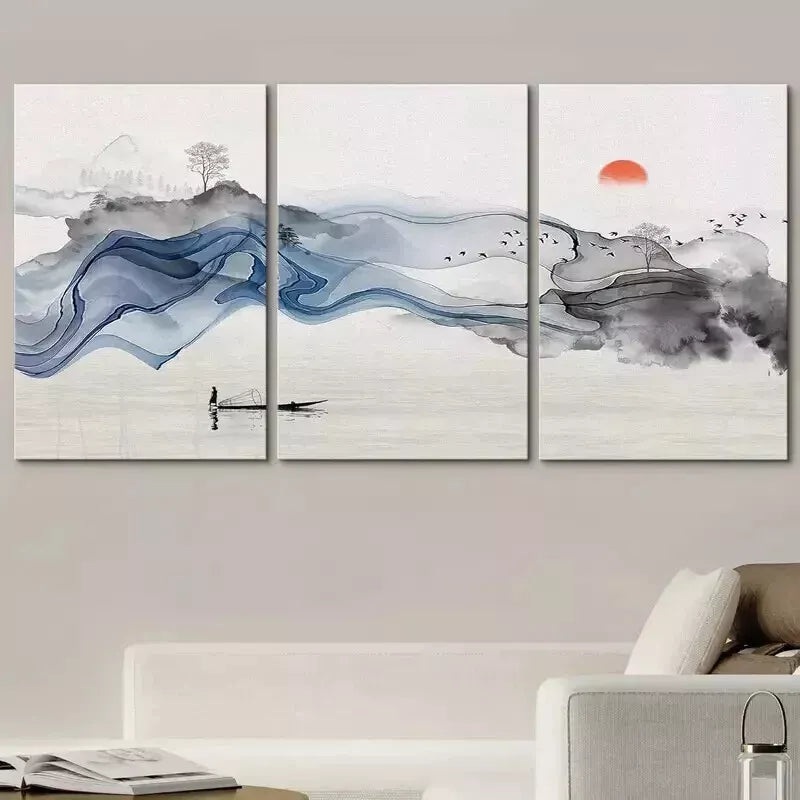 3pcs Chinese Landscape Painting  Wall Art Set Canvas Framed 50x70cm - High Quality Print 100% Australian Made Wall Canvas Ready to Hang