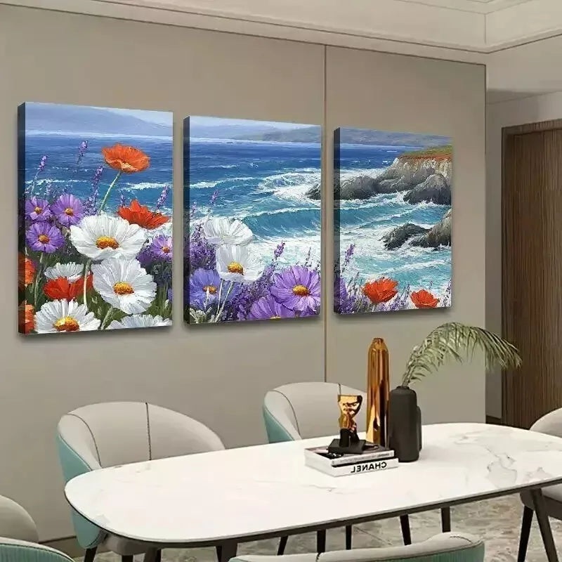 3pcs  Colorful Flowers & Sea Oil Painting Wall Art Set Canvas Framed 50x70cm - High Quality Print 100% Australian Made Wall Canvas Ready to Hang