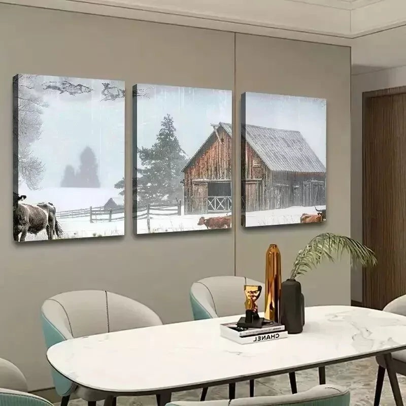 3pcs Cows Barn Snow Wall Art Set Canvas Framed 50x70cm - High Quality Print 100% Australian Made Wall Canvas Ready to Hang