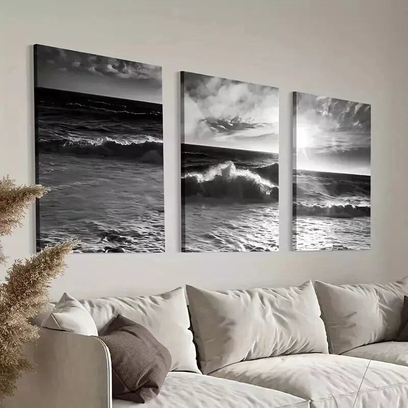 3pcs Dark Ocean Wave on Beach Wall Art Set Canvas Framed 50x70cm - High Quality Print 100% Australian Made Wall Canvas Ready to Hang