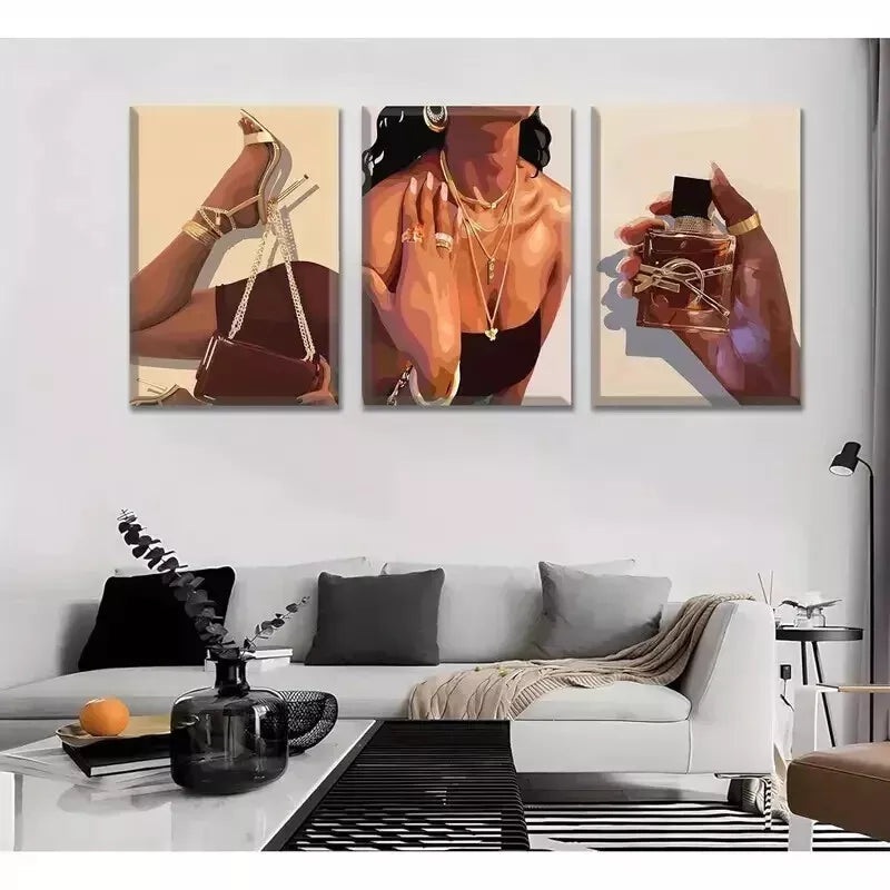 3pcs Female Picture Fashionable Girl Abstract Wall Art Set Canvas Framed 50x70cm - High Quality Print 100% Australian Made Wall Canvas Ready to Hang
