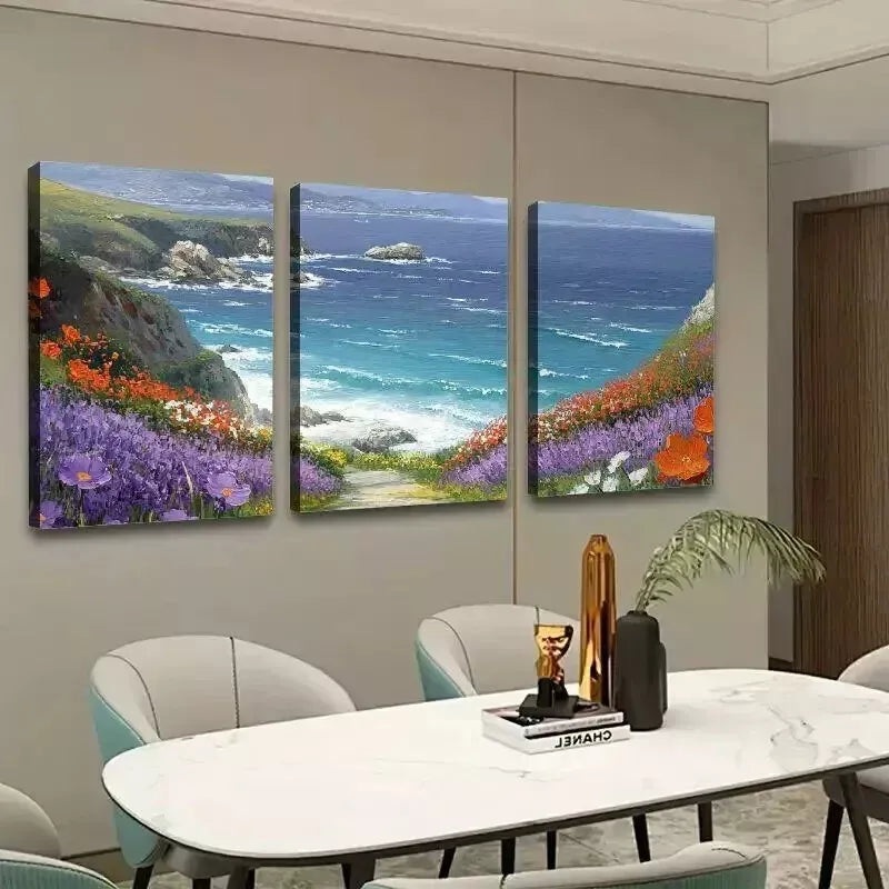 3pcs Flowers With Grass Mountain & Sea Wall Art Set Canvas Framed 50x70cm - High Quality Print 100% Australian Made Wall Canvas Ready to Hang