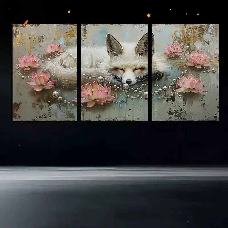 3pcs Fox and Lotus Flower Prints Wall Art Set Canvas Framed 50x70cm - High Quality Print 100% Australian Made Wall Canvas Ready to Hang