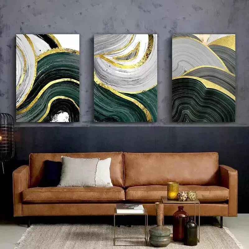 3pcs Gold Green Marble Line Wall Art Set Canvas Framed 50x70cm - High Quality Print 100% Australian Made Wall Canvas Ready to Hang