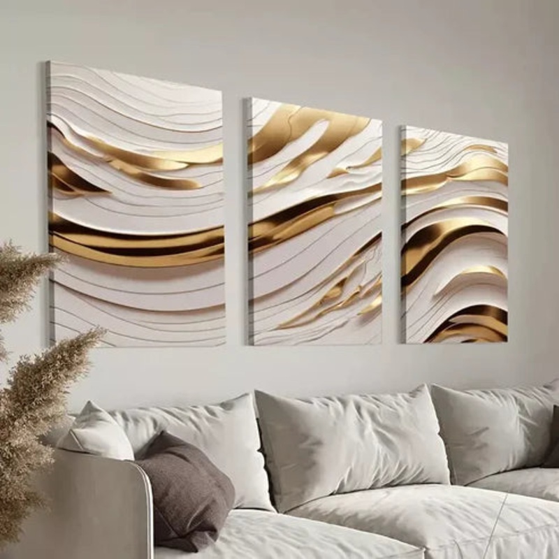 3pcs  Golden & White Abstract Wave Wall Art Set Canvas Framed 50x70cm - High Quality Print 100% Australian Made Wall Canvas Ready to Hang