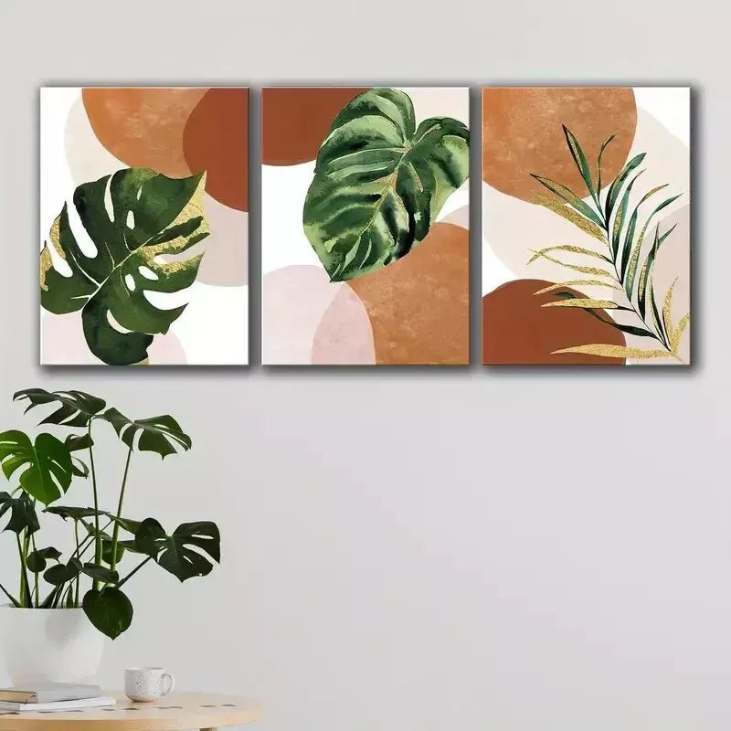 3pcs  Green and Golden Leaf Mid-Century Modern Wall Art Set Canvas Framed 50x70cm - High Quality Print 100% Australian Made Wall Canvas Ready to Hang