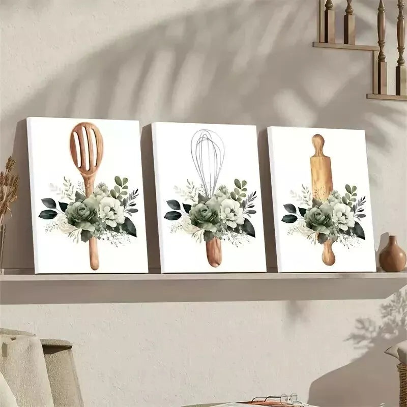 3pcs Green Watercolor Floral & Kitchenware Design Wall Art Set Canvas Framed 50x70cm - High Quality Print 100% Australian Made Wall Canvas Ready to Hang