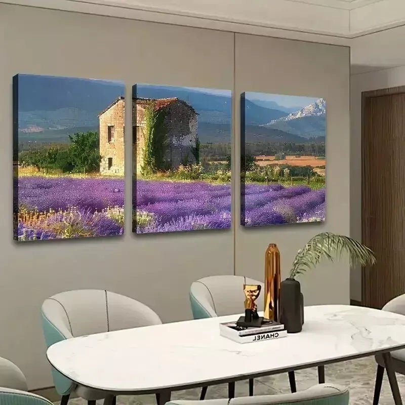 3pcs Lavender Flower Filed Mountain Wall Art Set Canvas Framed 50x70cm - High Quality Print 100% Australian Made Wall Canvas Ready to Hang