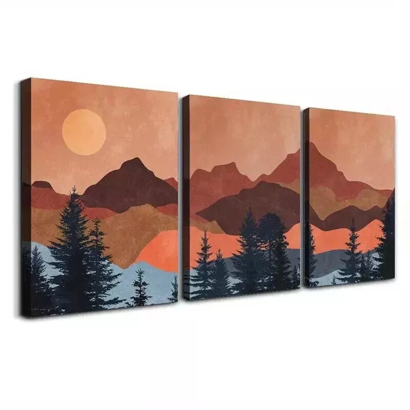 3pcs Mid-Century Abstract Sun & Terracotta Gable Wall Art Set Canvas Framed 50x70cm - High Quality Print 100% Australian Made Wall Canvas Ready to Hang
