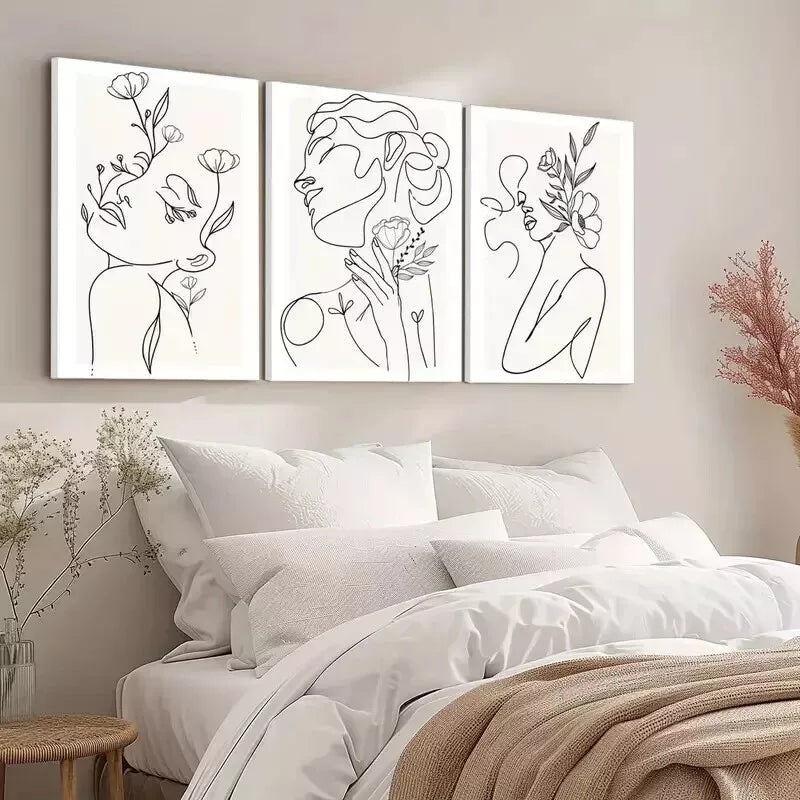 3pcs Minimalist Woman Flower LineWall Art Set Canvas Framed 50x70cm - High Quality Print 100% Australian Made Wall Canvas Ready to Hang