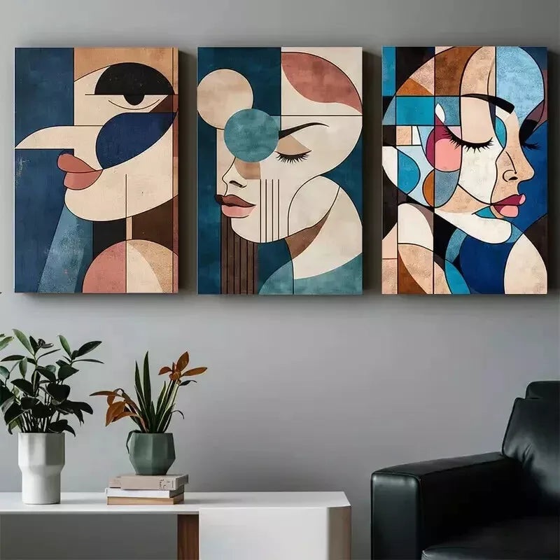 3pcs Modern Abstract Face Wall Art Set Canvas Framed 50x70cm - High Quality Print 100% Australian Made Wall Canvas Ready to Hang