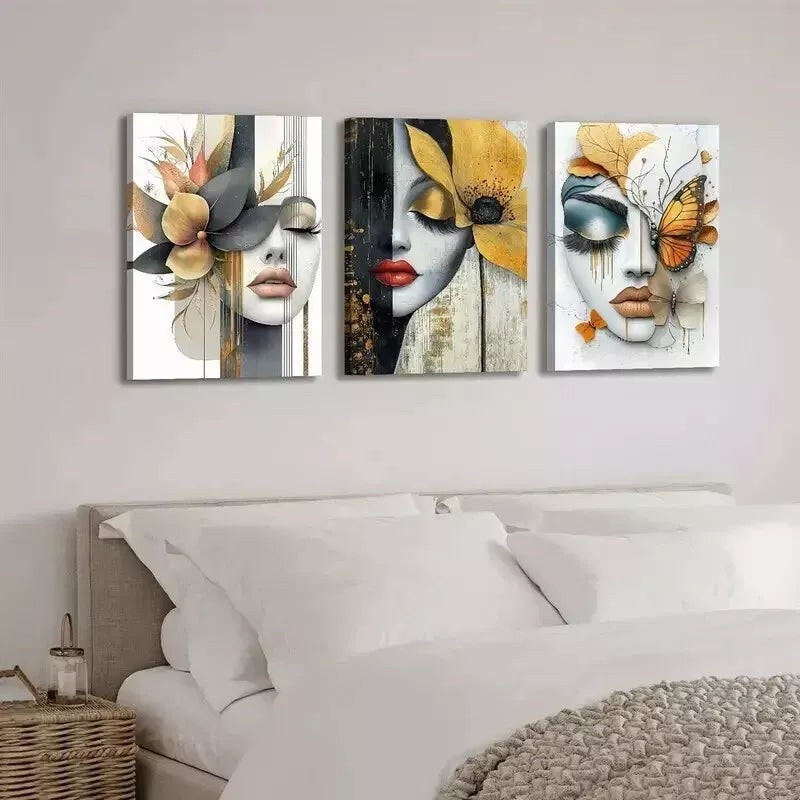 3pcs Modern Abstract Floral Designs With Sexy Lips Wall Art Set Canvas Framed 50x70cm - High Quality Print 100% Australian Made Wall Canvas Ready to Hang