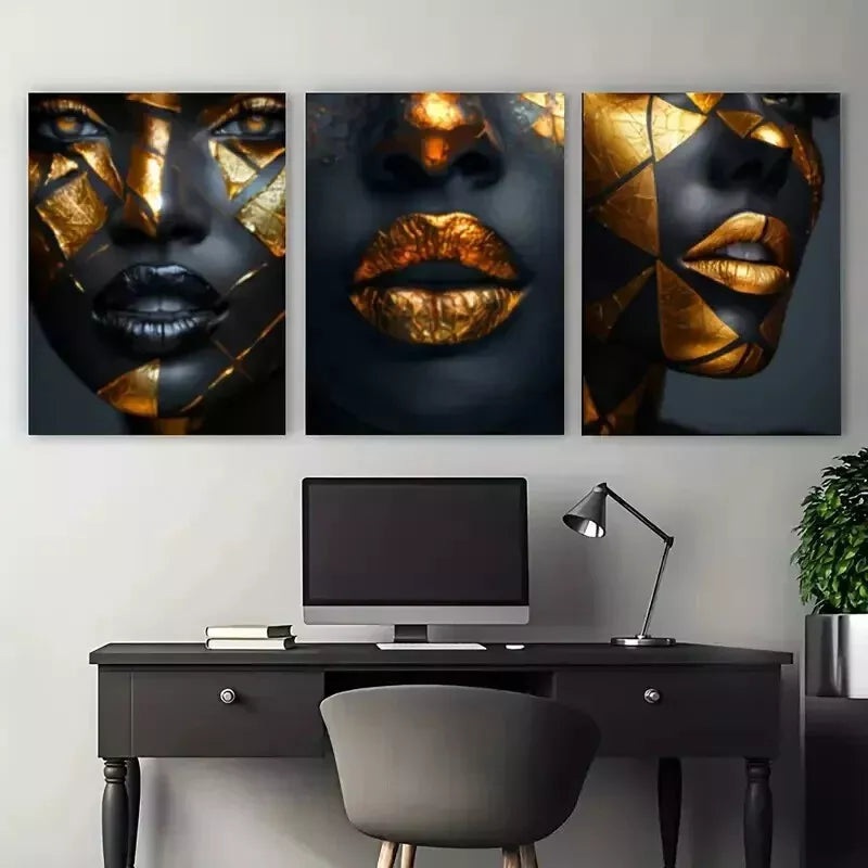 3pcs Modern African Woman Golden Wall Art Set Canvas Framed 50x70cm - High Quality Print 100% Australian Made Wall Canvas Ready to Hang