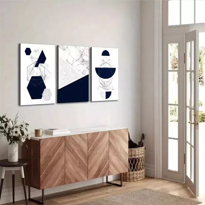 3pcs Modern Minimalist Blue Geometric Wall Art Set Canvas Framed 50x70cm - High Quality Print 100% Australian Made Wall Canvas Ready to Hang