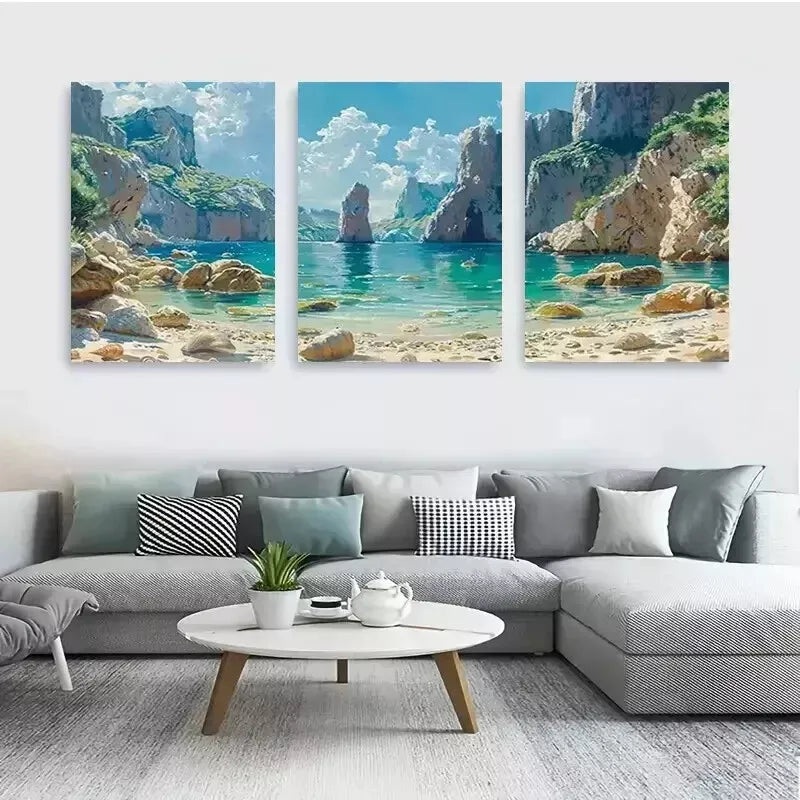 3pcs   Serene Beach And Cliff Wall Art Set Canvas Framed 50x70cm - High Quality Print 100% Australian Made Wall Canvas Ready to Hang