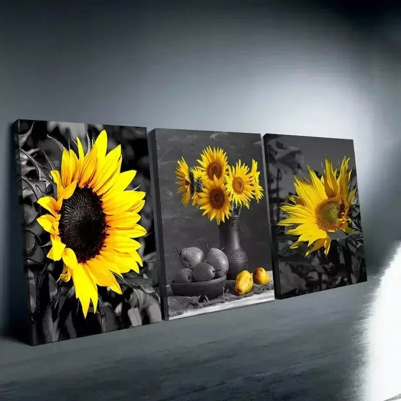 3pcs  Sunflower Wall Black and White Poster  Wall Art Set Canvas Framed 50x70cm - High Quality Print 100% Australian Made Wall Canvas Ready to Hang