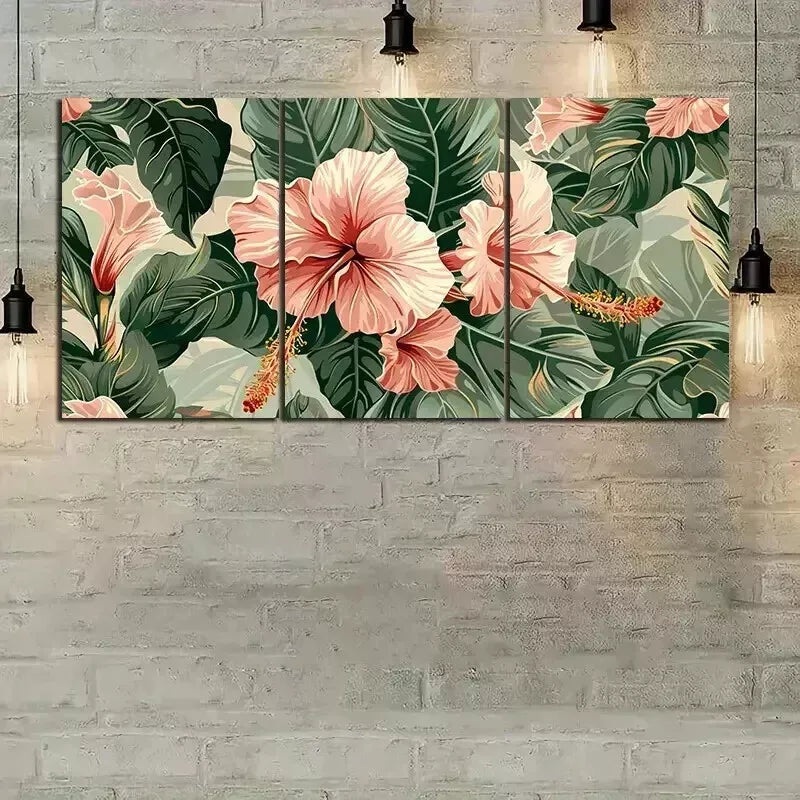 3pcs  Tropical Leaves and Flowers in The Style Wall Art Set Canvas Framed 50x70cm - High Quality Print 100% Australian Made Wall Canvas Ready to Hang