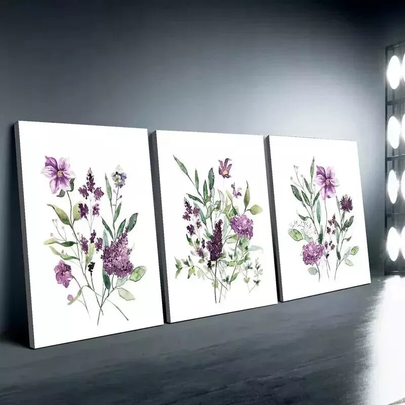 3pcs  Watercolor Purple Flower Lavender  Wall Art Set Canvas Framed 50x70cm - High Quality Print 100% Australian Made Wall Canvas Ready to Hang