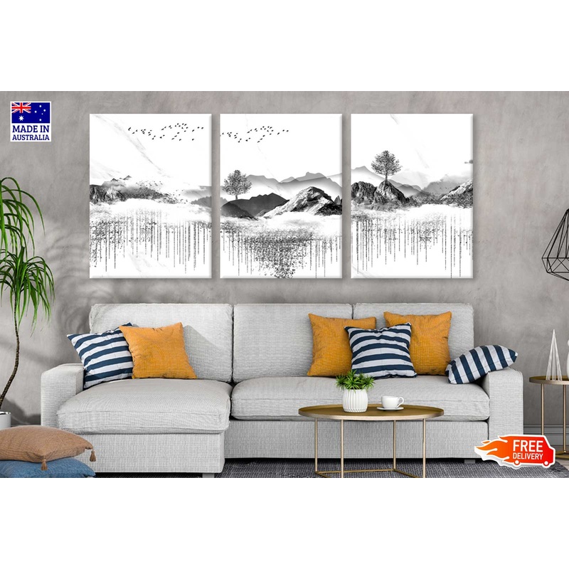 3 Set of Trees on Mountains Illustration High Quality Print 100% Australian Made Wall Canvas Ready to Hang