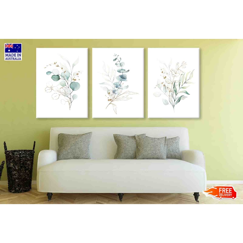 3 Set of Watercolor Leaves & Gold Splash Painting High Quality Print 100% Australian Made Wall Canvas Ready to Hang