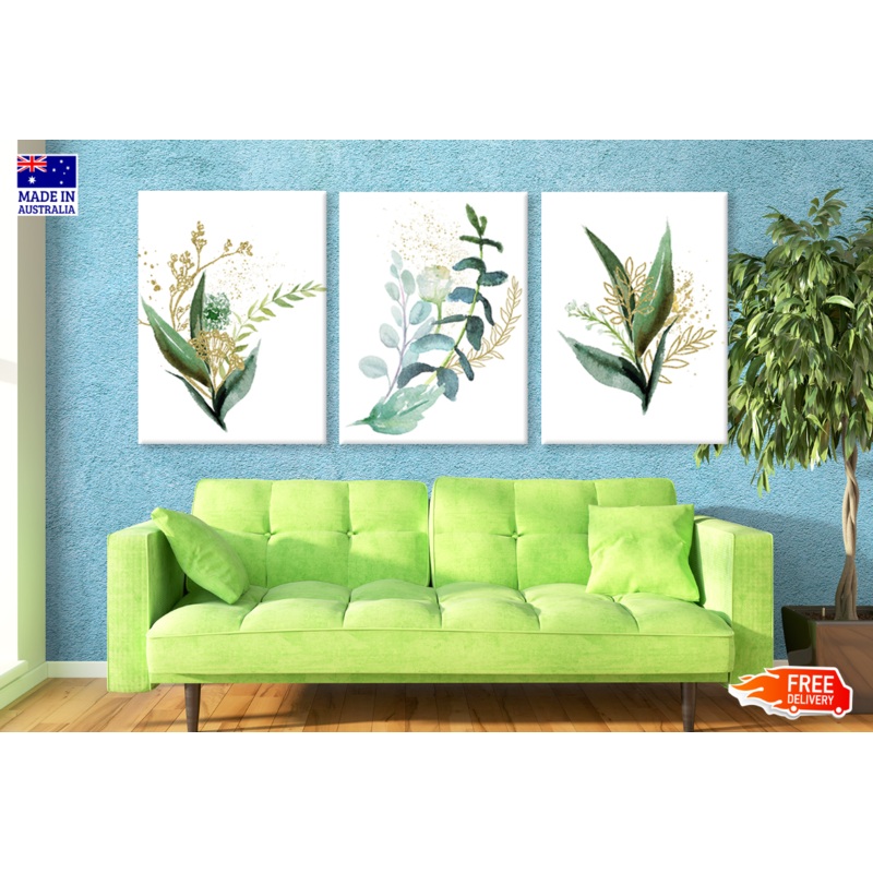 3 Set of Watercolour Floral Green & Gold Leaf Branches High Quality print 100% Australian made wall Canvas ready to hang