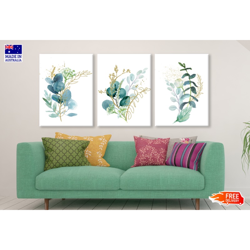3 Set of Watercolour Green & Gold Leaf Painting High Quality print 100% Australian made wall Canvas ready to hang