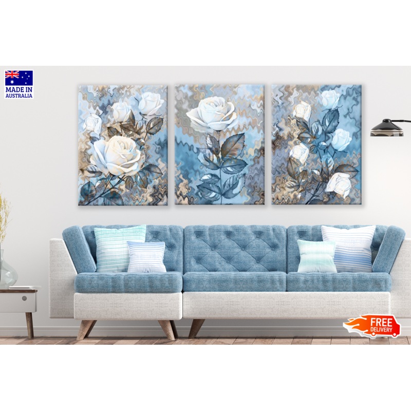 3 Set of White Blue Flower Tree High Quality print 100% Australian made wall Canvas ready to hang